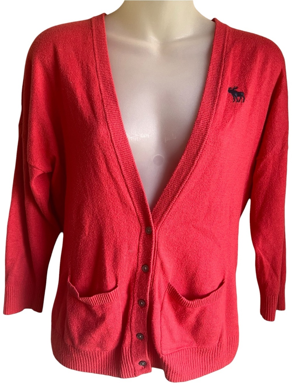 VTG Abercrombie & Fitch Cardigan M Fuschia Moose Button Front Pockets Preppy Y2K